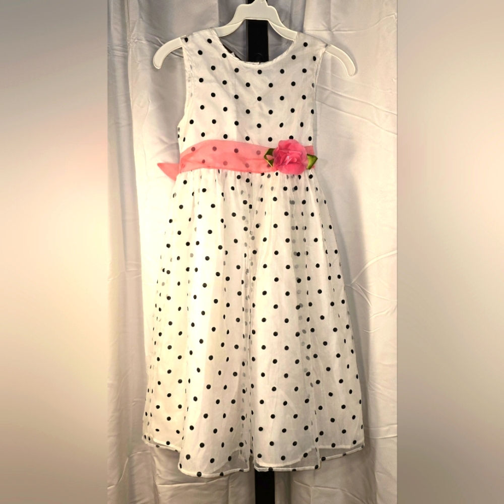 Cute White Polka Dot Kids Spring Or Easter Dress with Pink Sash